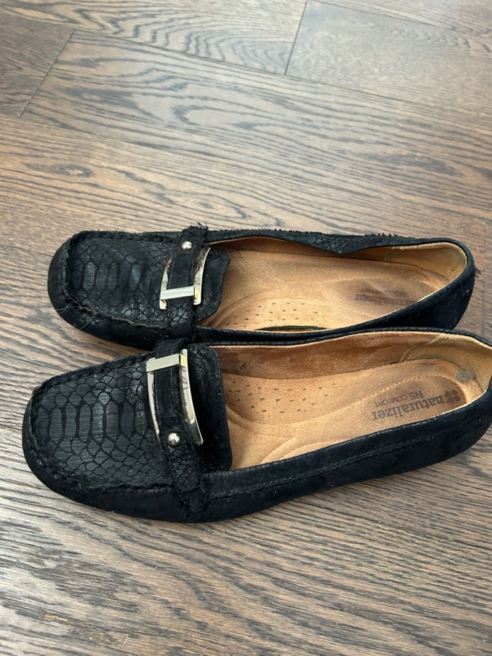 Naturalizer Black Suede Loafers with Snake-Texture Vamp and Metal Buckle